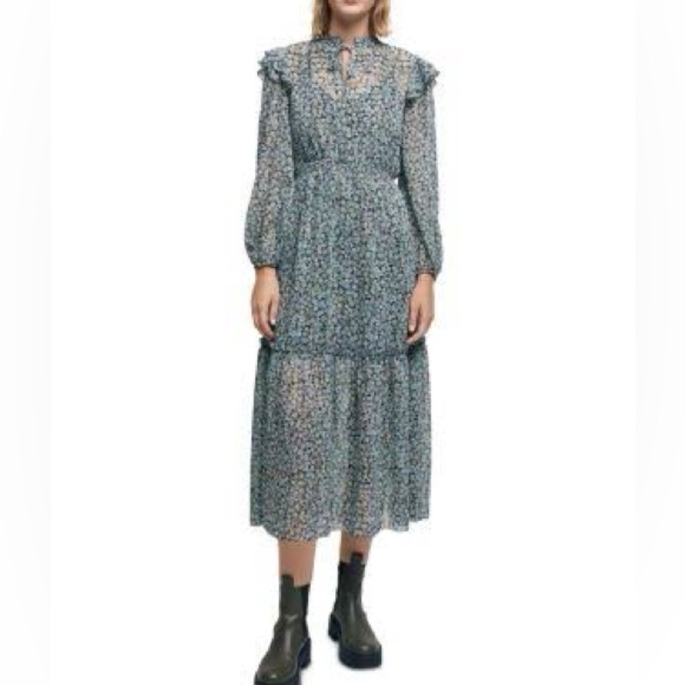 Maje Renaza Tiered Floral Metallic Chiffon Midi Dress - Size 40/US 6